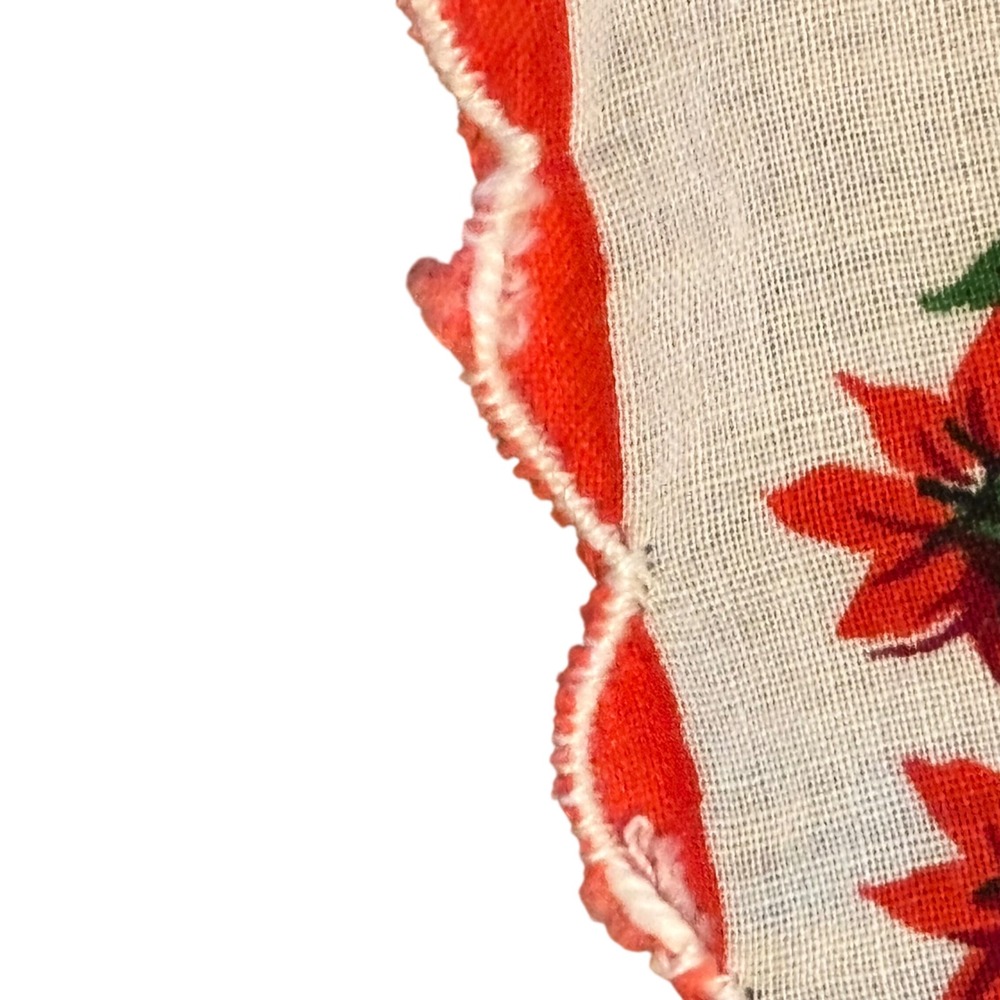 Vintage Christmas Handkerchief Poinsettia Snowflake‎ Scalloped Red White - Picture 6 of 9